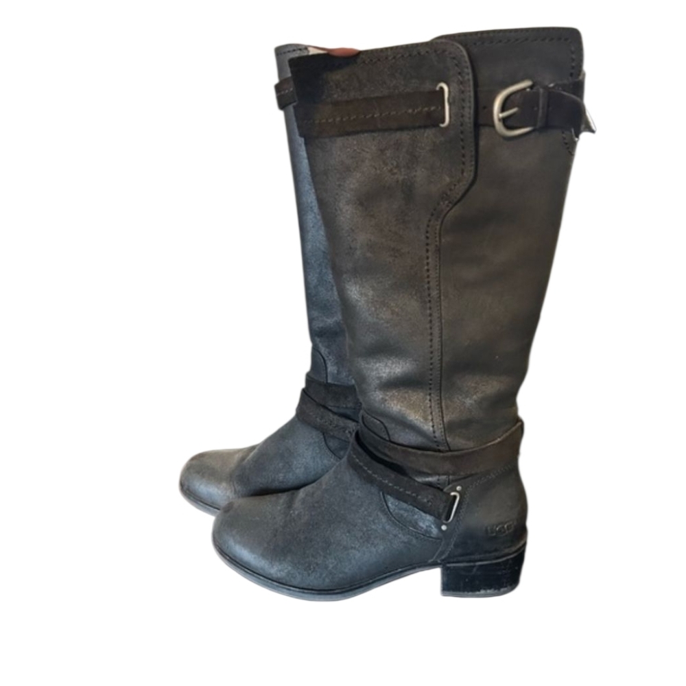 😁UGGS Black Leather Heeled Boots